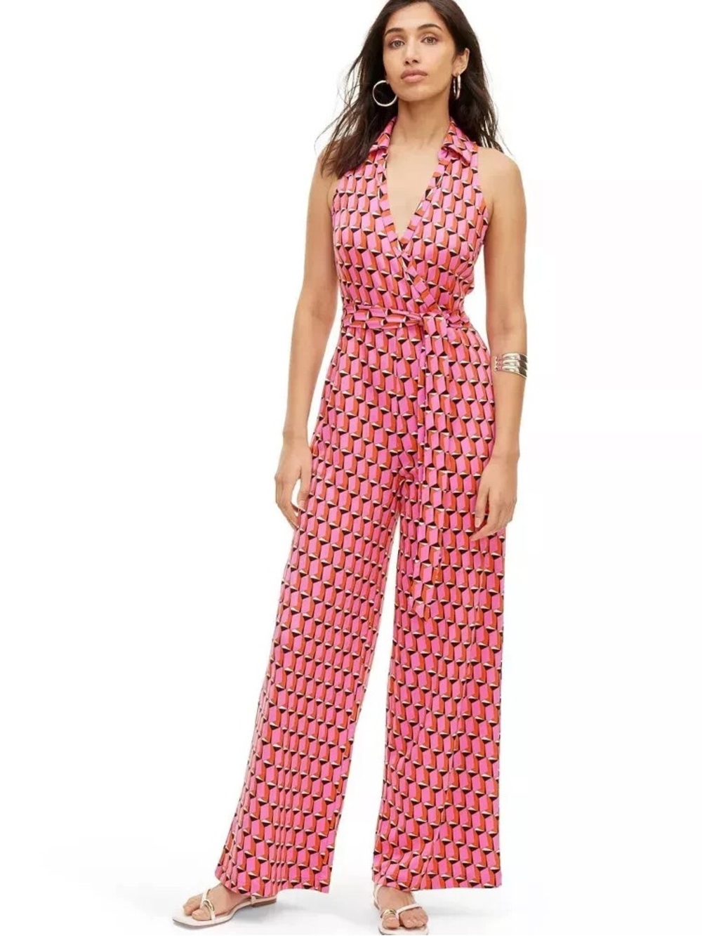 DVF for Target Pink Geo Print Belted Jumpsuit Wide Leg Collared V Neck Sz M